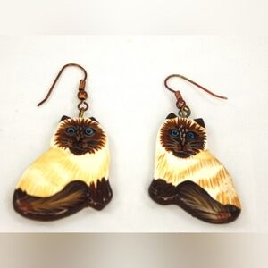 vintage CAT Earrings Siamese cats Lightweight 1980s Handpainted Cat lover